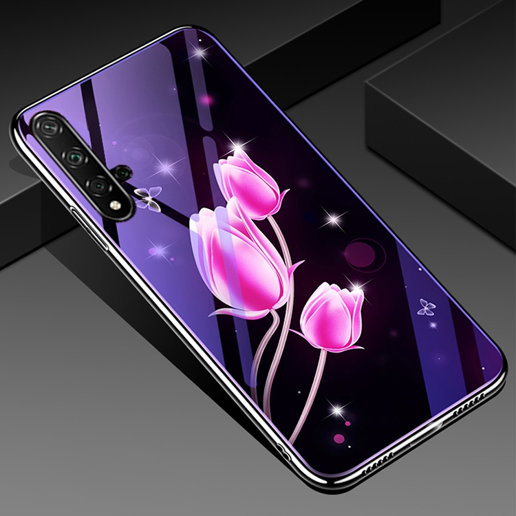 

For Huawei Honor 20 Electroplated Edge Blue Light Glass Protective Case(Tulips)