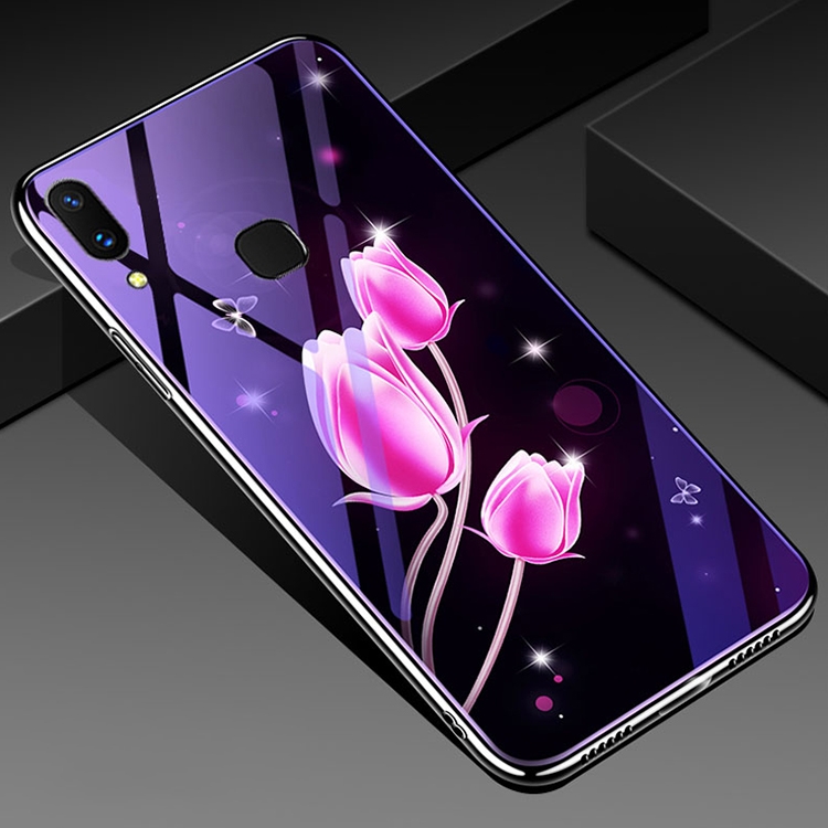 

For Galaxy A10s Electroplated Edge Blue Light Glass Protective Case(Tulips)