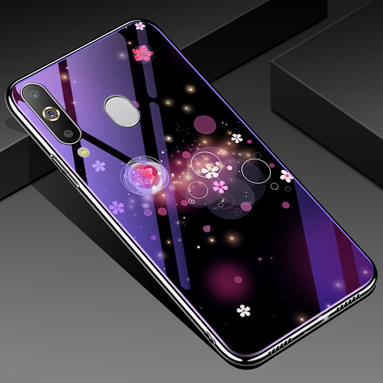 

For Galaxy A20s Electroplated Edge Blue Light Glass Protective Case(Flowers)