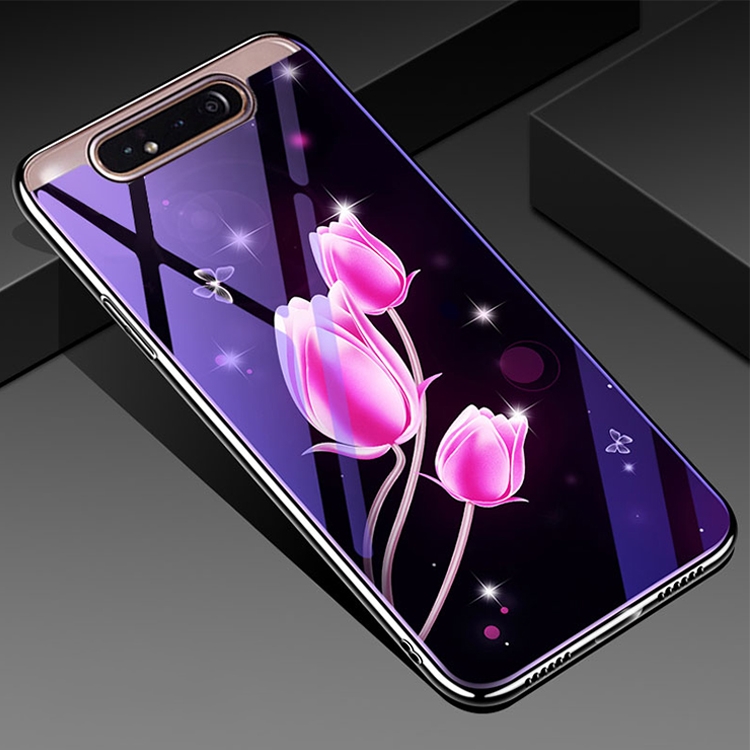 

For Galaxy A80 Electroplated Edge Blue Light Glass Protective Case(Tulips)