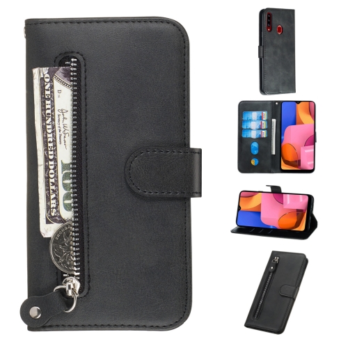 

For Galaxy A20s Fashion Calf Texture Zipper Horizontal Flip PU Leather Case, with Holder & Card Slots & Wallet(Black)