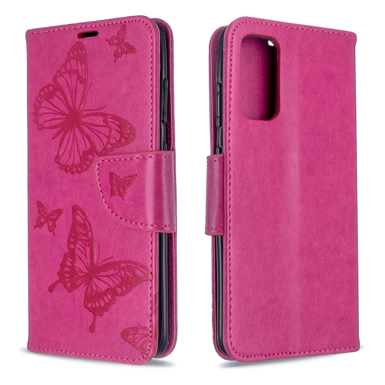 

For Galaxy S20 Embossing Two Butterflies Pattern Horizontal Flip PU Leather Case with Holder & Card Slot & Wallet & Lanyard(Rose Red)