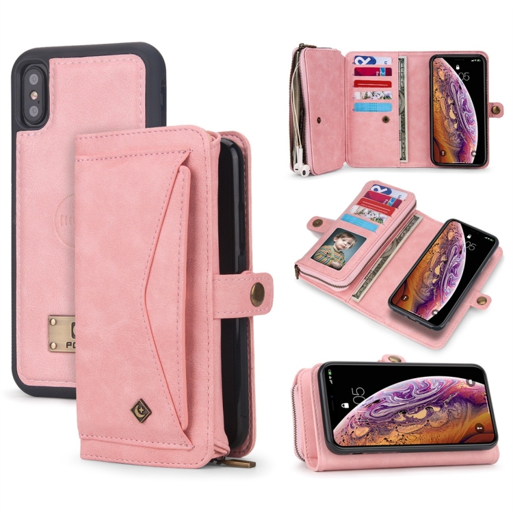 

For iPhone X / XS POLA Multi-function TPU + PC Magnetic Horizontal Flip Leather Case with Holder & Card Slots & Wallet & Photo Frame(Pink)