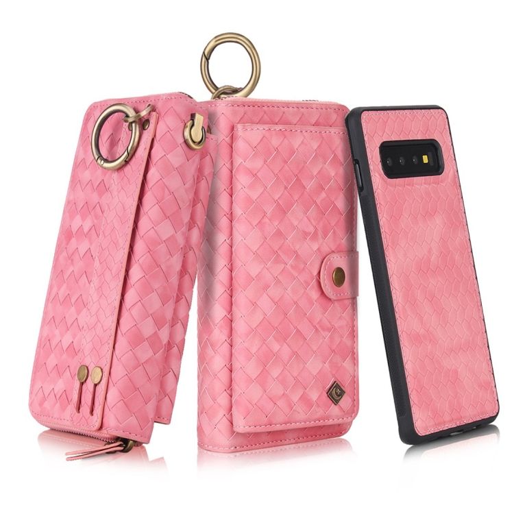 

For Galaxy S10 POLA Multi-function Fashion Weave Magnetic Horizontal Flip Leather Case with Card Slots & Wallet & Photo Frame & Lanyard(Pink)