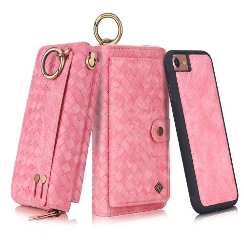 

For iPhone 7 / 8 POLA Multi-function Fashion Weave Magnetic Horizontal Flip Leather Case with Card Slots & Wallet & Photo Frame & Lanyard(Pink)