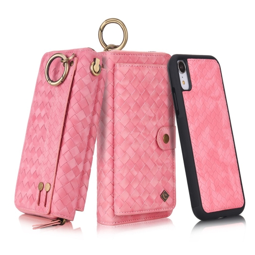 

For iPhone XR POLA Multi-function Fashion Weave Magnetic Horizontal Flip Leather Case with Card Slots & Wallet & Photo Frame & Lanyard(Pink)