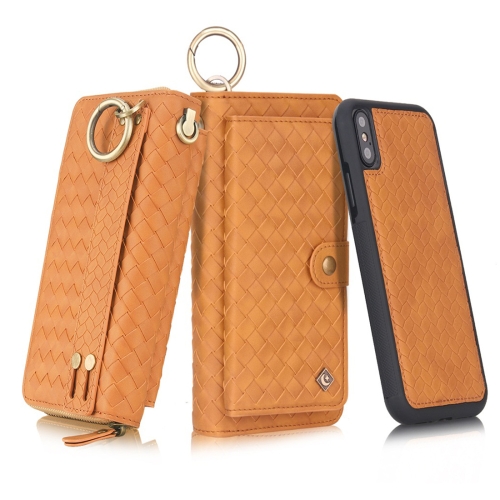 

For iPhone XS Max POLA Multi-function Fashion Weave Magnetic Horizontal Flip Leather Case with Card Slots & Wallet & Photo Frame & Lanyard(Brown)