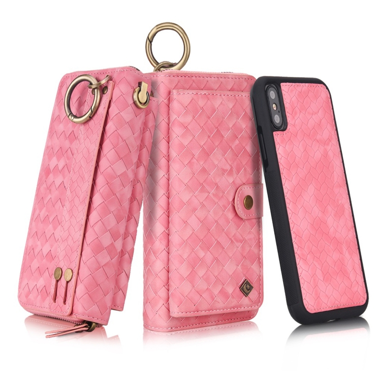 

For iPhone XS Max POLA Multi-function Fashion Weave Magnetic Horizontal Flip Leather Case with Card Slots & Wallet & Photo Frame & Lanyard(Pink)