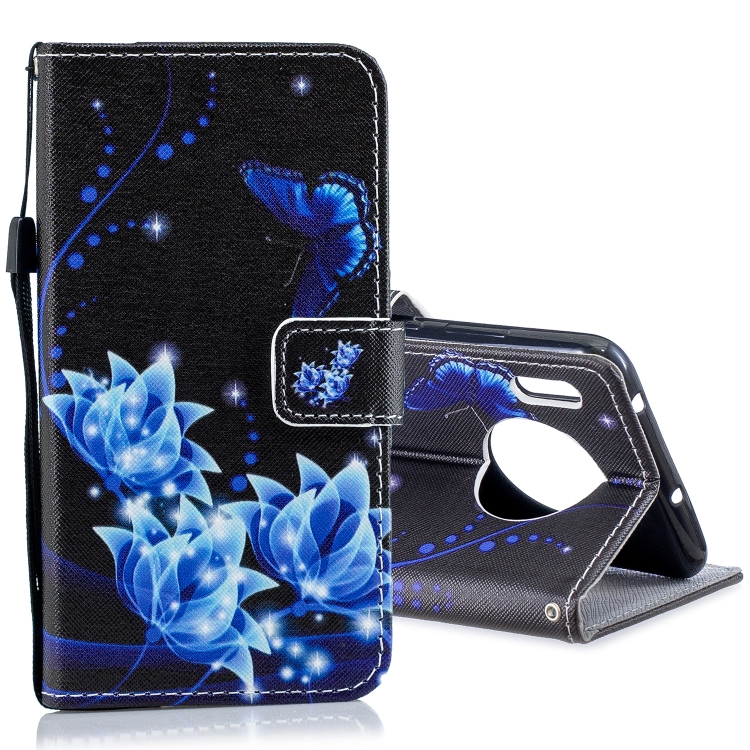 

For Huawei Mate 30 Pro Horizontal Flip Leather Case with Holder & Card Slots & Wallet(Blue Butterfly Flower)