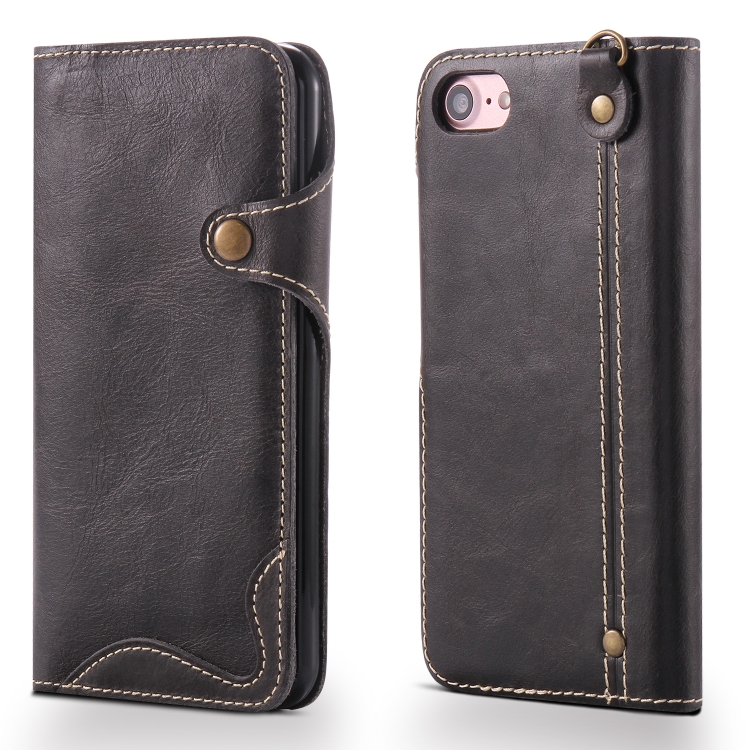 

For iPhone 7 / 8 Denior Oil Wax Cowhide Magnetic Button Horizontal Flip Leather Case with Card Slots & Wallet(Black)