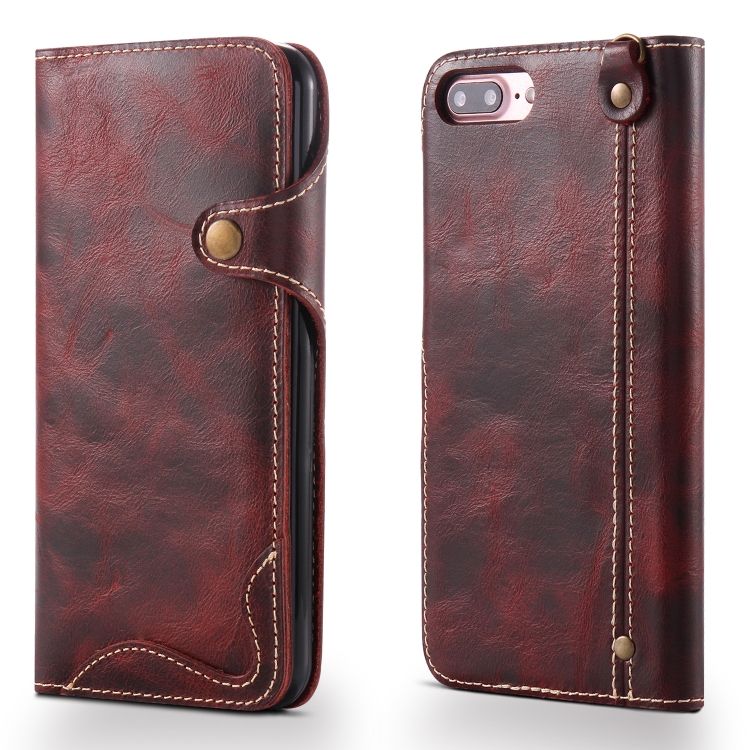 

For iPhone 7 Plus / 8 Plus Denior Oil Wax Cowhide Magnetic Button Horizontal Flip Leather Case with Card Slots & Wallet(Dark Red)