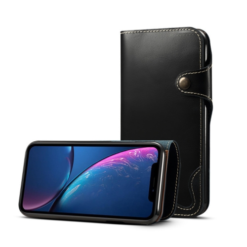 

For iPhone XR Denior Oil Wax Cowhide Magnetic Button Horizontal Flip Leather Case with Card Slots & Wallet(Black)