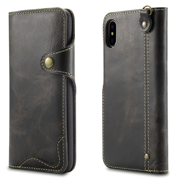 

For iPhone XS Max Denior Oil Wax Cowhide Magnetic Button Horizontal Flip Leather Case with Card Slots & Wallet(Black)