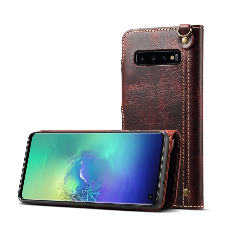

For Galaxy S10 Denior Oil Wax Cowhide Magnetic Button Horizontal Flip Leather Case with Card Slots & Wallet(Dark Red)