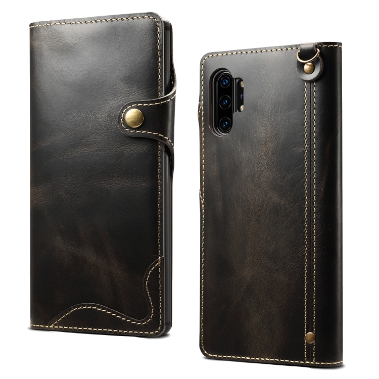 

For Galaxy Note 10 Plus Denior Oil Wax Cowhide Magnetic Button Horizontal Flip Leather Case with Card Slots & Wallet(Black)