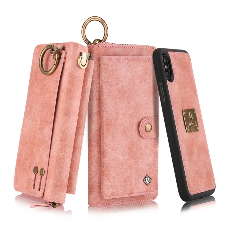 

For iPhone X POLA Multi-function Fashion Zipper Magnetic Horizontal Flip Leather Case with Card Slots & Wallet & Photo Frame & Lanyard(Pink)