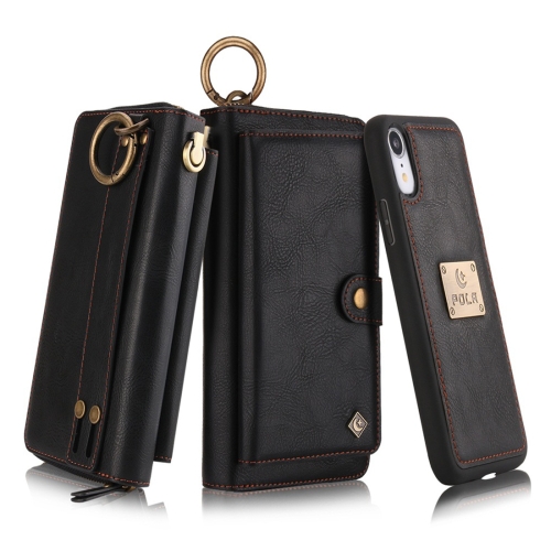 

For iPhone XR POLA Multi-function Fashion Zipper Magnetic Horizontal Flip Leather Case with Card Slots & Wallet & Photo Frame & Lanyard(Black)