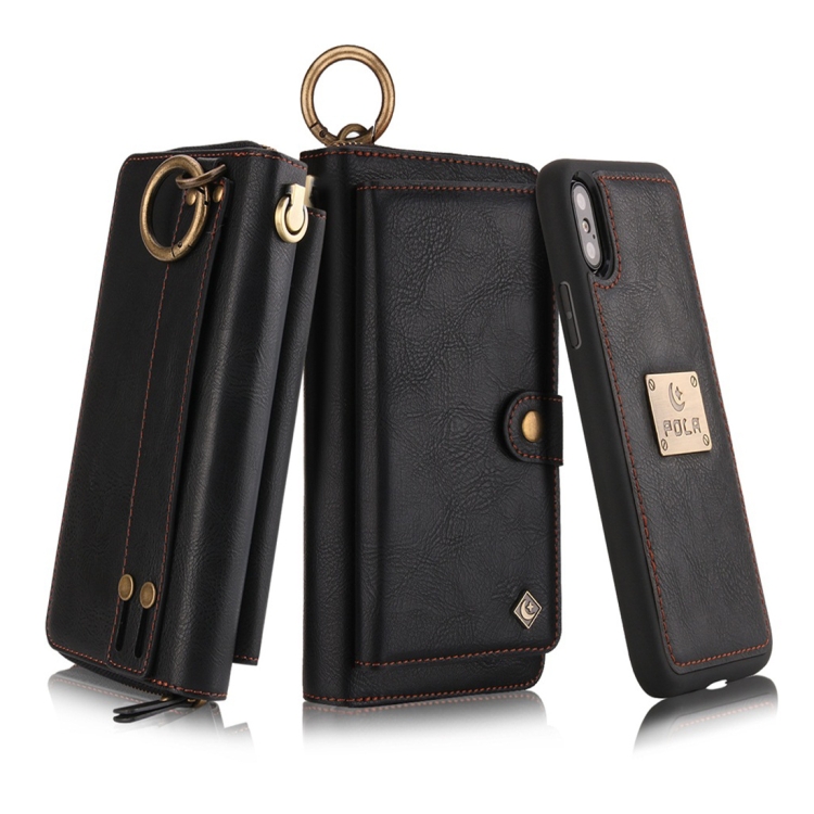 

For iPhone XS POLA Multi-function Fashion Zipper Magnetic Horizontal Flip Leather Case with Card Slots & Wallet & Photo Frame & Lanyard(Black)