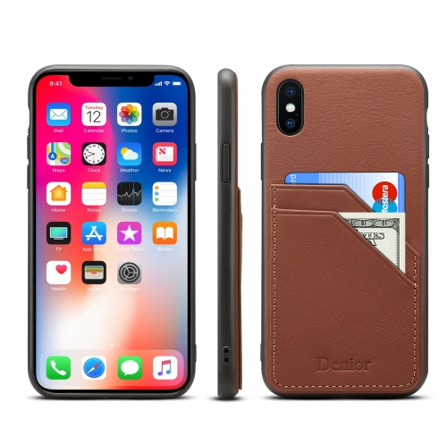 

For iPhone XS Max Denior V1 Luxury Car Cowhide Leather Protective Case with Double Card Slots(Brown)