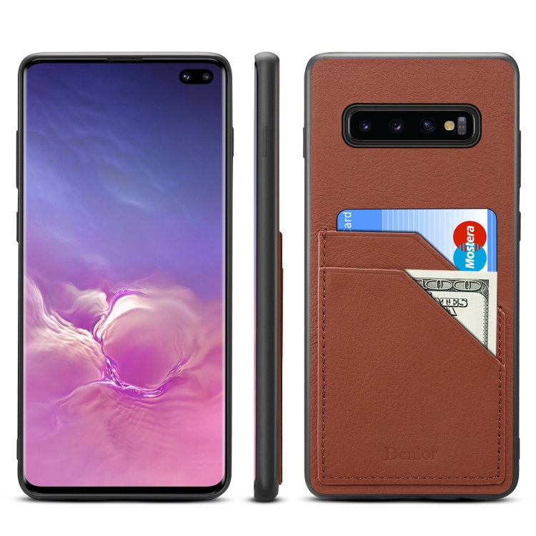 

For Galaxy S10 Plus Denior V1 Luxury Car Cowhide Leather Protective Case with Double Card Slots(Brown)