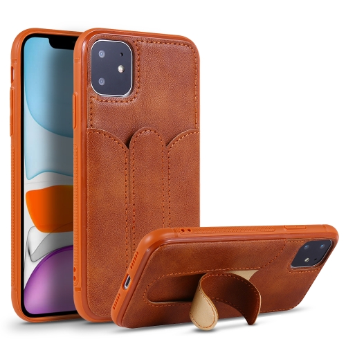 

For iPhone 11 Shockproof PC + PU Protective Case with Invisible Spring Holder & Card Slot(Brown)