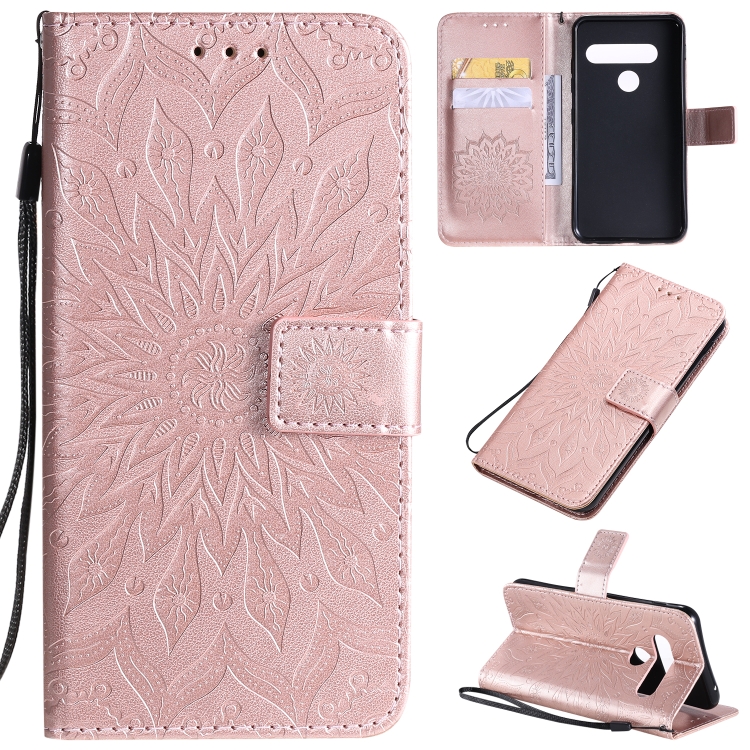 

For LG G8S ThinQ Pressed Printing Sunflower Pattern Horizontal Flip PU Leather Case with Holder & Card Slots & Wallet & Lanyard(Rose Gold)