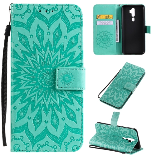 

For OPPO A9 2020 / A5 2020 Pressed Printing Sunflower Pattern Horizontal Flip PU Leather Case with Holder & Card Slots & Wallet & Lanyard(Green)