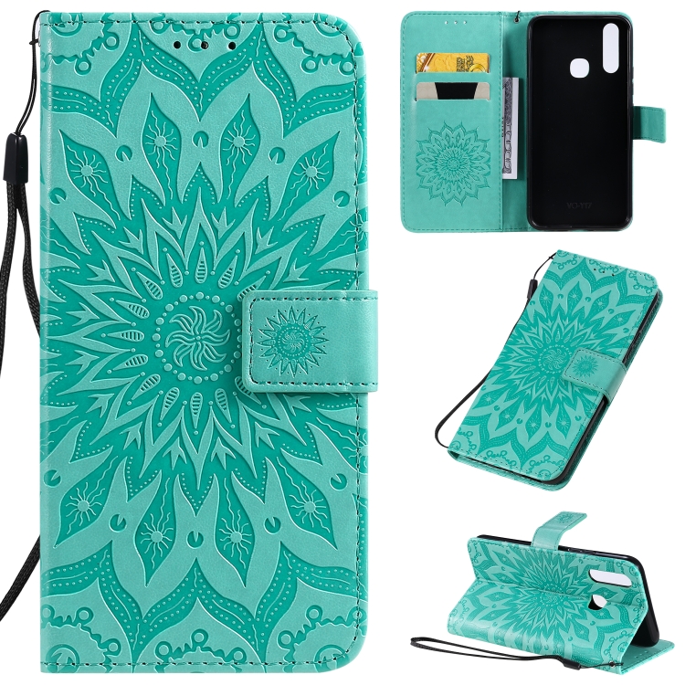 

For Vivo Y15 / Y17 Pressed Printing Sunflower Pattern Horizontal Flip PU Leather Case with Holder & Card Slots & Wallet & Lanyard(Green)