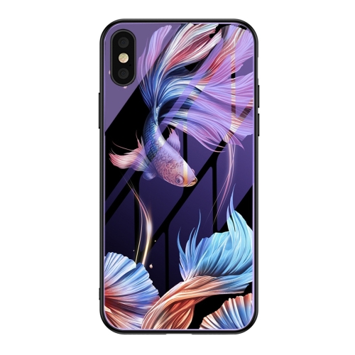 

For iPhone X / XS Luminous Painting Violet Glass + TPU Protective Case(Koi)