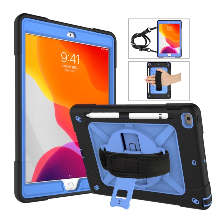 

For iPad 10.2 Contrast Color Silicone + PC Combination Case with Holder(Black + Blue)