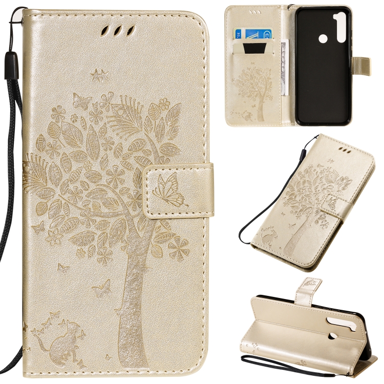

For Xiaomi Redmi Note 8T Tree & Cat Pattern Pressed Printing Horizontal Flip PU Leather Case with Holder & Card Slots & Wallet & Lanyard(Gold)