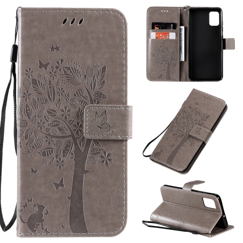 

For Galaxy A51 Tree & Cat Pattern Pressed Printing Horizontal Flip PU Leather Case with Holder & Card Slots & Wallet & Lanyard(Grey)