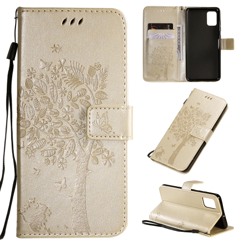 

For Galaxy A51 Tree & Cat Pattern Pressed Printing Horizontal Flip PU Leather Case with Holder & Card Slots & Wallet & Lanyard(Gold)