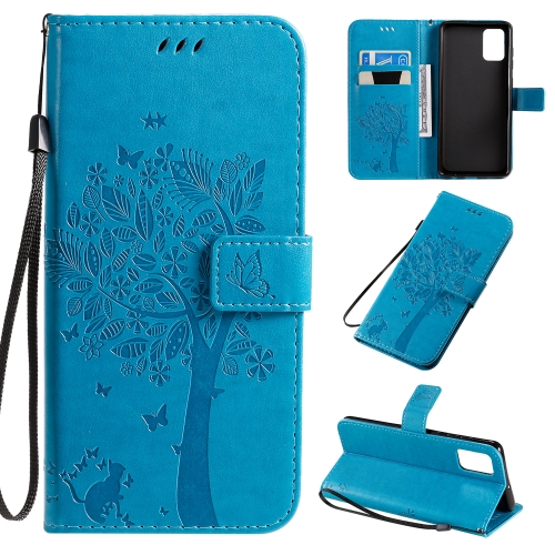 

For Galaxy A71 Tree & Cat Pattern Pressed Printing Horizontal Flip PU Leather Case with Holder & Card Slots & Wallet & Lanyard(Blue)