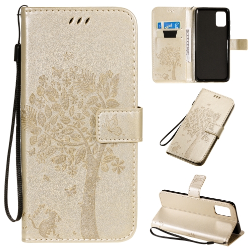 

For Galaxy A71 Tree & Cat Pattern Pressed Printing Horizontal Flip PU Leather Case with Holder & Card Slots & Wallet & Lanyard(Gold)