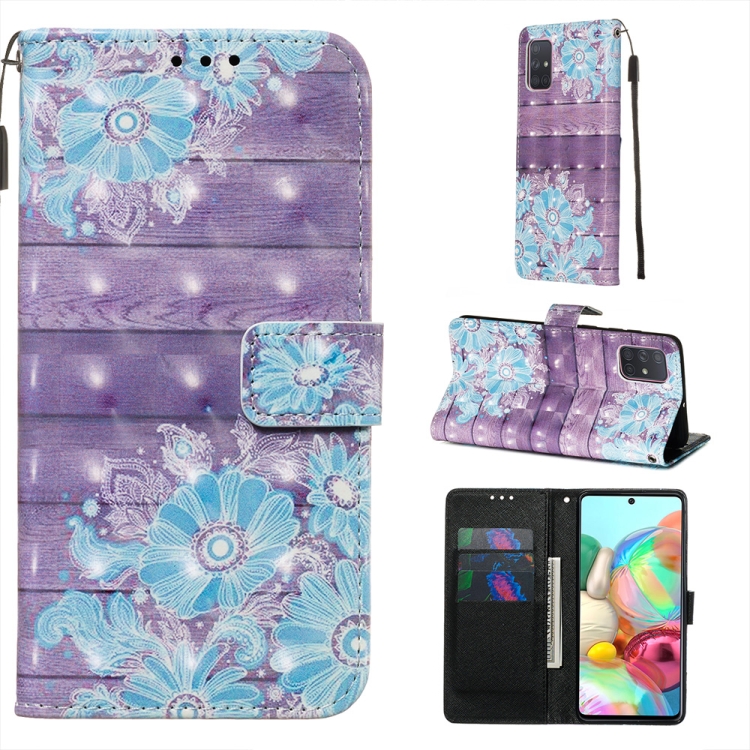 

For Galaxy A71 3D Painting Horizontal Flip Leather Case with Holder & Card Slot & Wallet & Lanyard(Blue Flower)