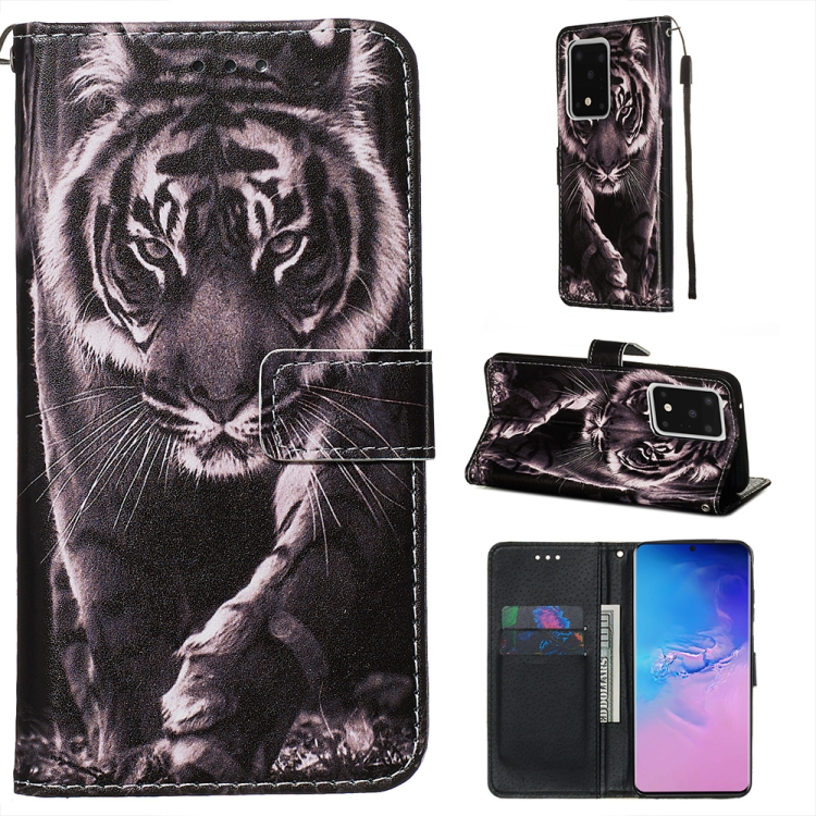 

For Galaxy S20 Ultra Colored Drawing Pattern Plain Weave Horizontal Flip Leather Case with Holder & Card Slot & Wallet&Lanyard(Black and white Tiger)