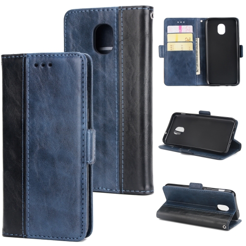 

For Galaxy J3 / J7 (2018) Retro Texture Contrast Color Splicing Horizontal Flip TPU + PU Leather Case with Card Slots & Holder & Wallet(Blue)