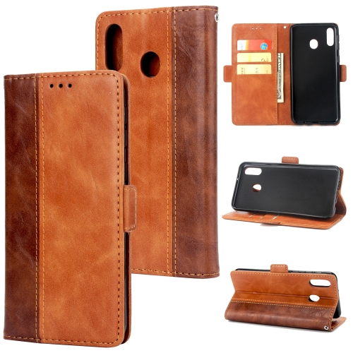 

For Galaxy M20 Retro Texture Contrast Color Splicing Horizontal Flip TPU + PU Leather Case with Card Slots & Holder & Wallet(Brown)