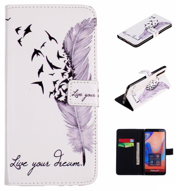 

For Galaxy A7 2018 Embossed Coloured Drawing Pattern Horizontal Flip Leather Case with Holder & Card Slots & Wallet(Feather)