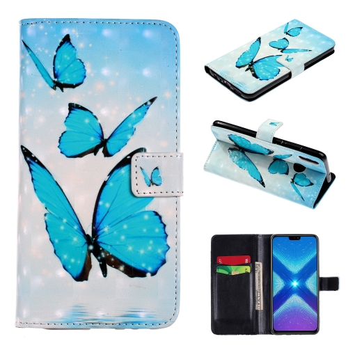 

For Huawei Honor 8X 3D Coloured Drawing Horizontal Flip Leather Case, with Holder & Card Slots & Wallet(Blue Butterfly)