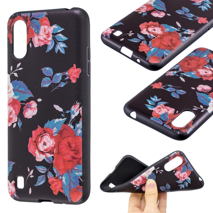 

For Galaxy A01 Embossment Patterned TPU Soft Cover Case(Red Flower)