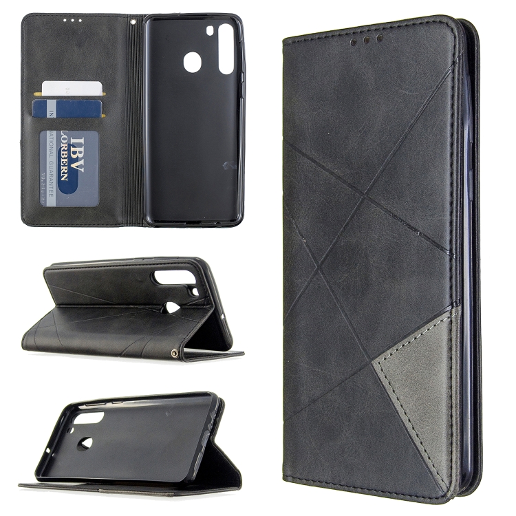 

For Galaxy A21 Rhombus Texture Horizontal Flip Magnetic Leather Case with Holder & Card Slots & Wallet(Black)