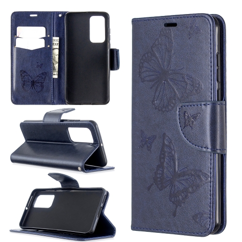 

For Huawei P40 Two Butterflies Embossing Pattern Horizontal Flip Leather Case with Holder & Card Slot & Wallet & Lanyard(Dark Blue)