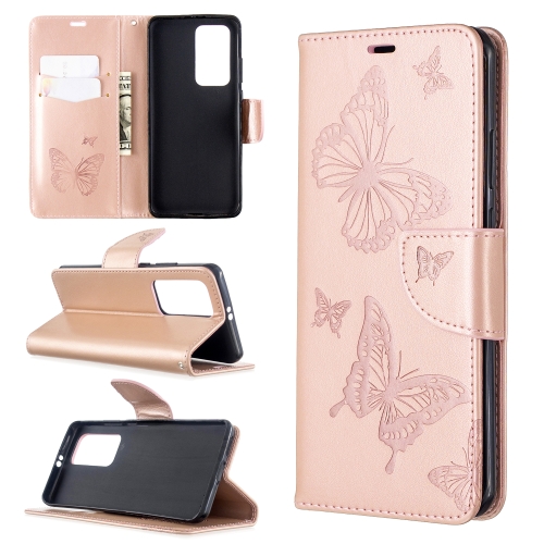 

For Huawei P40 Pro Two Butterflies Embossing Pattern Horizontal Flip Leather Case with Holder & Card Slot & Wallet & Lanyard(Rose Gold)