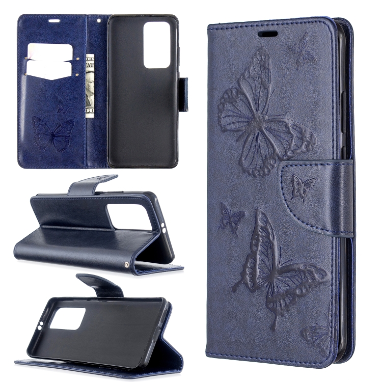 

For Huawei P40 Pro Two Butterflies Embossing Pattern Horizontal Flip Leather Case with Holder & Card Slot & Wallet & Lanyard(Dark Blue)