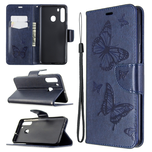 

For Galaxy A21 Two Butterflies Embossing Pattern Horizontal Flip Leather Case with Holder & Card Slot & Wallet & Lanyard(Dark Blue)