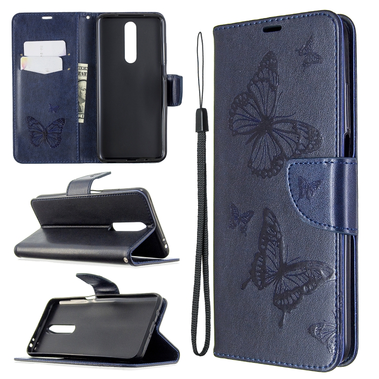 

For Xiaomi Redmi K30 Two Butterflies Embossing Pattern Horizontal Flip Leather Case with Holder & Card Slot & Wallet & Lanyard(Dark Blue)