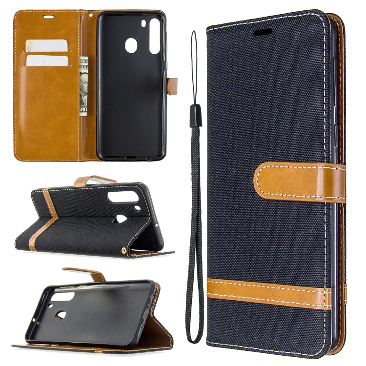 

For Galaxy A21 Color Matching Denim Texture Horizontal Flip Leather Case with Holder & Card Slots & Wallet & Lanyard(Black)
