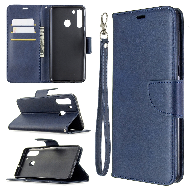 

For Galaxy A21 Retro Lambskin Texture Pure Color Horizontal Flip PU Leather Case with Holder & Card Slots & Wallet & Lanyard(Blue)